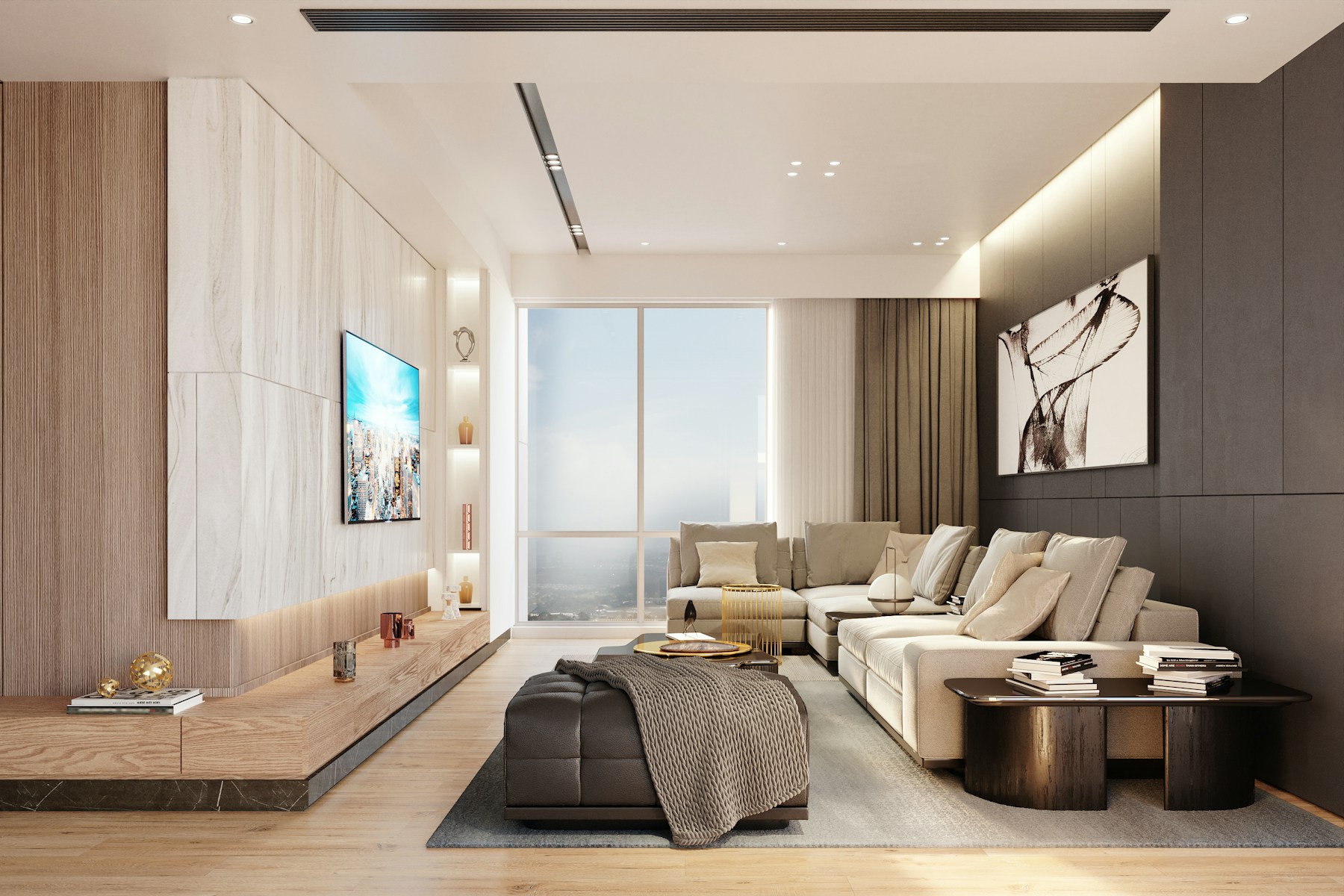 Modern sofa beside a large window